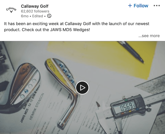 Callaway Golf LinkedIn video, kurā tiek paziņots par jaunu produktu