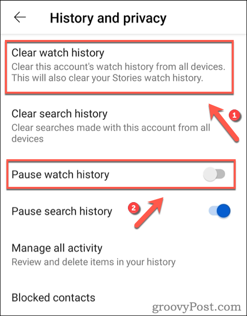 YouTube skatīšanās vēstures notīrīšana operētājsistēmā Android.