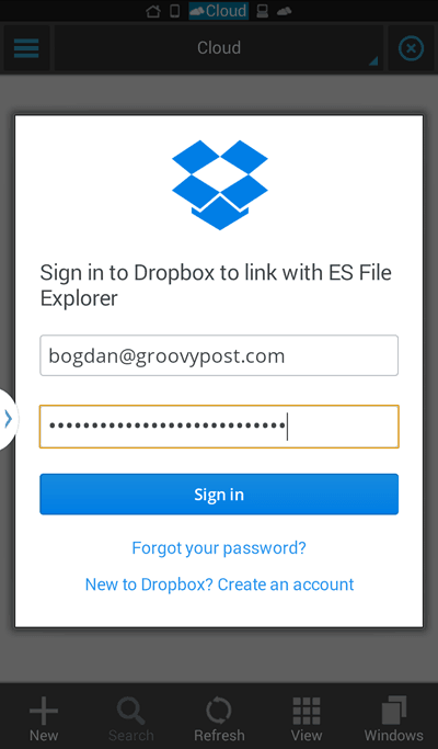 ES File Explorer pieteikšanās Dropbox