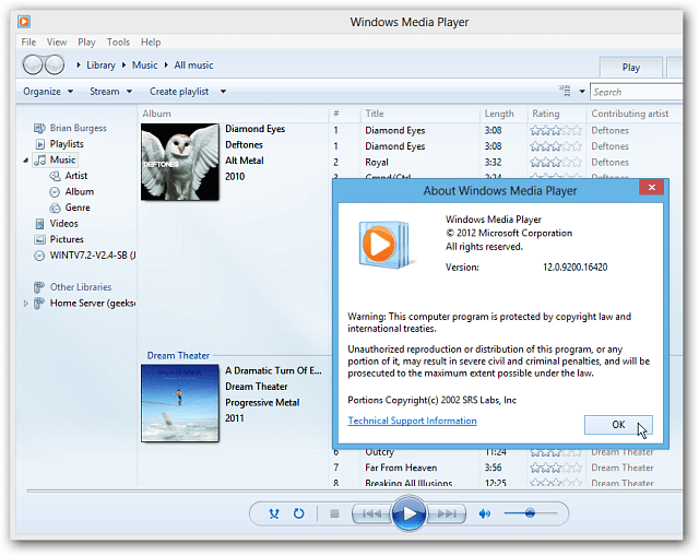 Windows Media Player operētājsistēmas Windows 8 darbvirsmā