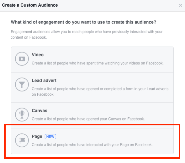 Atlasiet Lapa kā iesaistīšanās veidu, kuru vēlaties izmantot, lai izveidotu savu Facebook pielāgoto auditoriju.