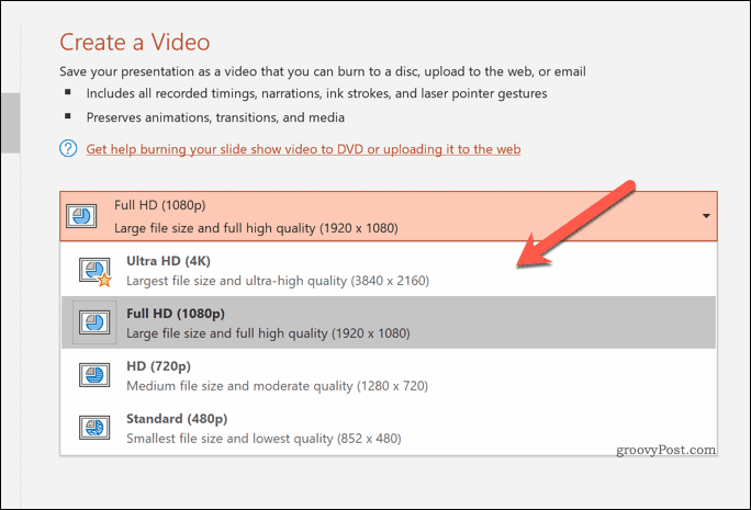 Eksportēto videoklipu kvalitātes noteikšana programmā PowerPoint