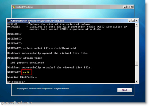 Windows 7 Native VHD instalēšanas dubultā sāknēšanas izeja no CMD uzvednes