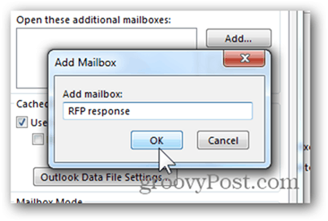 Pievienot pastkasti Outlook 2013 - ierakstiet pastkastes nosaukumu, noklikšķiniet uz Labi