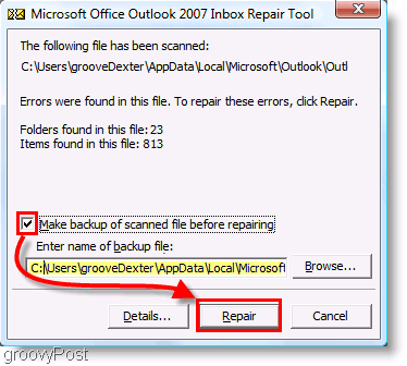 Ekrānuzņēmums - Outlook 2007 ScanPST labošanas izvēlne