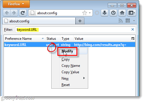 modificēt Firefox 4 atslēgvārdu.url uz noklusējuma nodrošinātāju