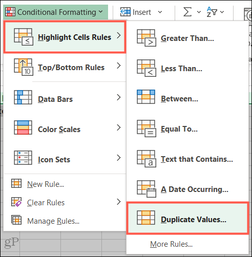 Izcelt šūnu kārtulas, dublēt vērtības programmā Excel
