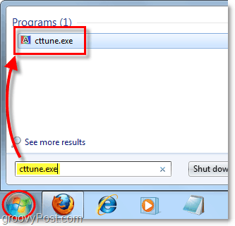 no Windows 7 izvēlnes Sākt ielādējiet cctune.exe, lai ielādētu ClearType uztvērēju