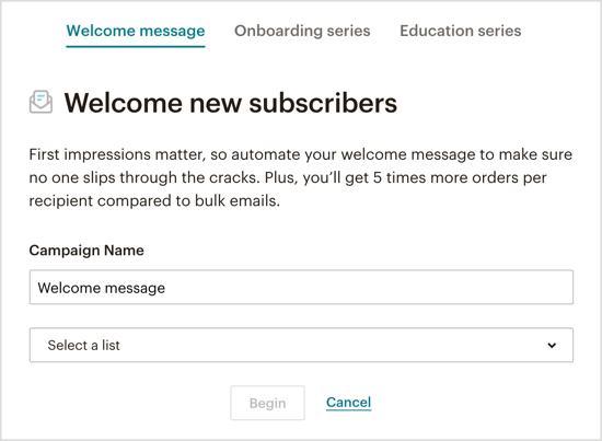 Atlasiet, kāda veida automatizētu sagaidīšanas e-pastu vēlaties nosūtīt, izmantojot Messenger botu. 