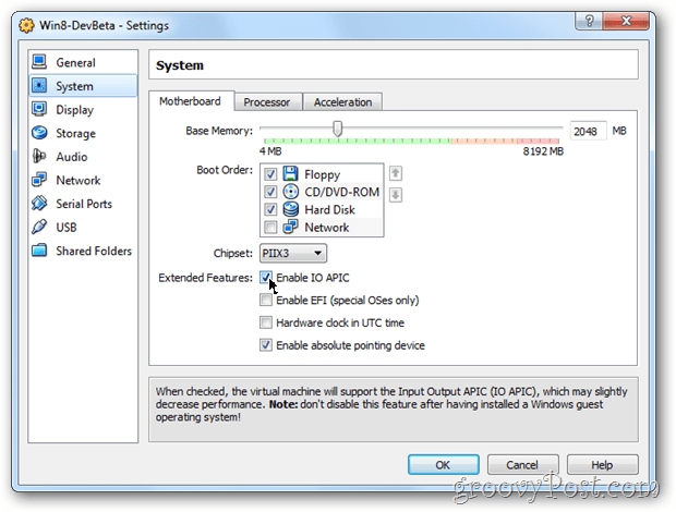 VirtualBox sistēmas mātesplates konfigurēšanas iestatīšana ļauj io apic Windows 8