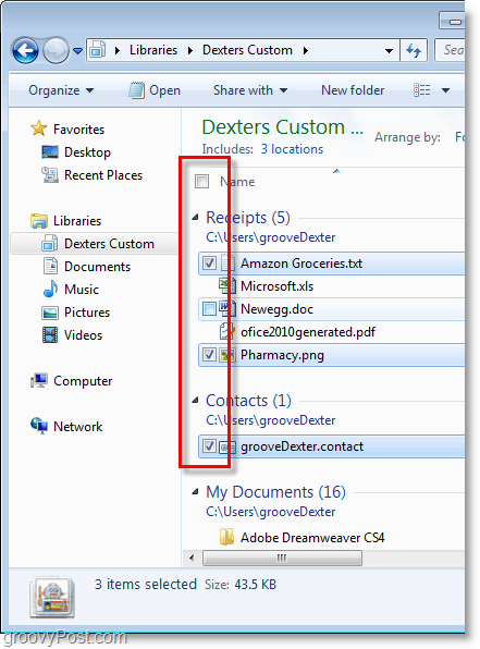 Windows 7 ekrānuzņēmums - izmantojiet izvēles rūtiņas, lai atlasītu vienumus.