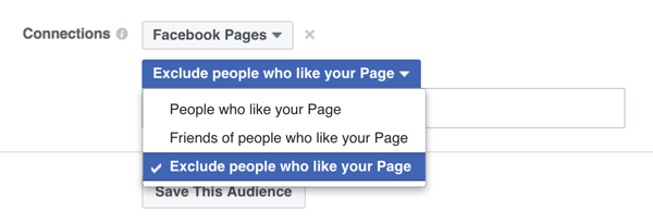 Facebook reklāmas mērķauditorijas atlases opcija, lai izslēgtu cilvēkus, kuriem lapa jau patīk