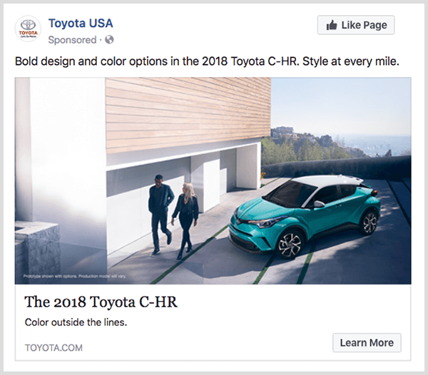 Toyota Facebook iesaistes reklāmā ir tirkīza krāsa Toyota C-HR, un tajā ir poga Uzzināt vairāk.