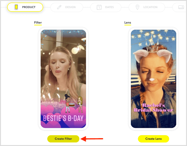 Noklikšķiniet uz Izveidot filtru, lai savam pasākumam iestatītu Snapchat ģeofiltru.