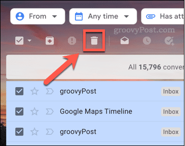Ikona e-pasta ziņojumu dzēšanai pakalpojumā Gmail