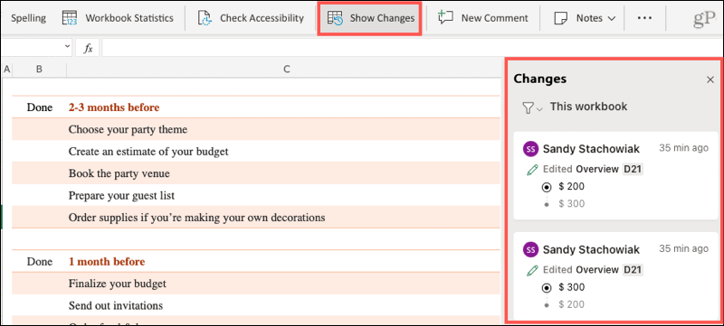 Rādīt izmaiņas programmā Excel tiešsaistē