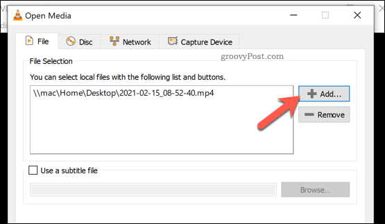 Faila pievienošana konvertēšanai VLC sistēmā Windows