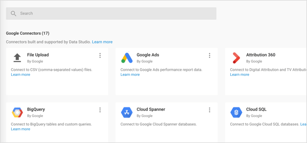 Importējiet Google Data Studio trīs veidu savienotājus: Google savienotāji, partneru savienotāji un atvērtā koda savienotāji.