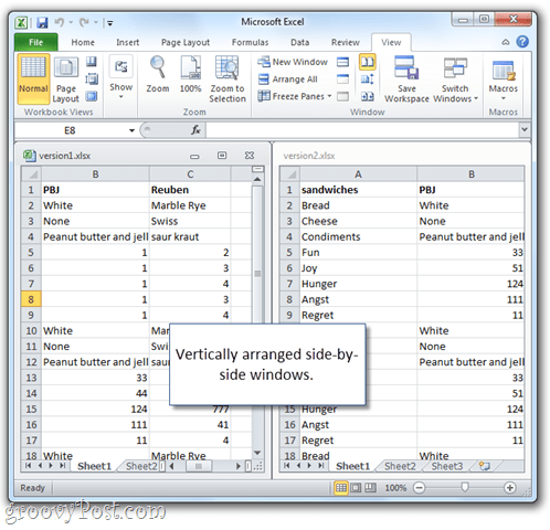 Microsoft Excel izklājlapu blakus viens otram