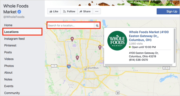 Noklikšķinot uz cilnes Atrašanās vietas Facebook lapā, kartē tiek atklātas atsevišķas atrašanās vietas. 