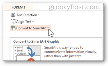 vieda māksla konvertēt uz smartart aizzīmju sarakstu bullet powerpoint power point convert 2013 feature button format options