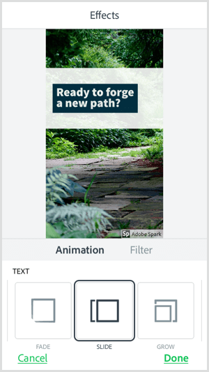 Atlasiet teksta animācijas opciju, izmantojot mobilo lietotni Adobe Spark Post.