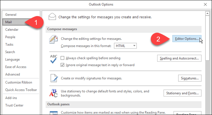 Programmā Outlook noklikšķiniet uz Pasts un pēc tam uz Redaktora opcijas