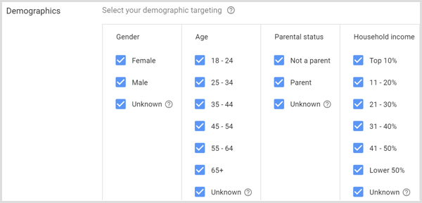 Google AdWords kampaņas demogrāfisko datu iestatījumi.