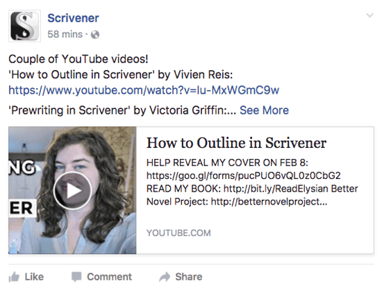 Scrivener savā Facebook lapā dalās ar YouTube videoklipu, kas lietotājiem varētu patikt.