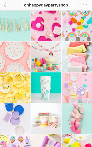 Kā uzlabot savus instagram fotoattēlus, Instagram plūsmas motīvu paraugs no Oh Happy Day Party Shop, parādot spilgtu krāsu paleti