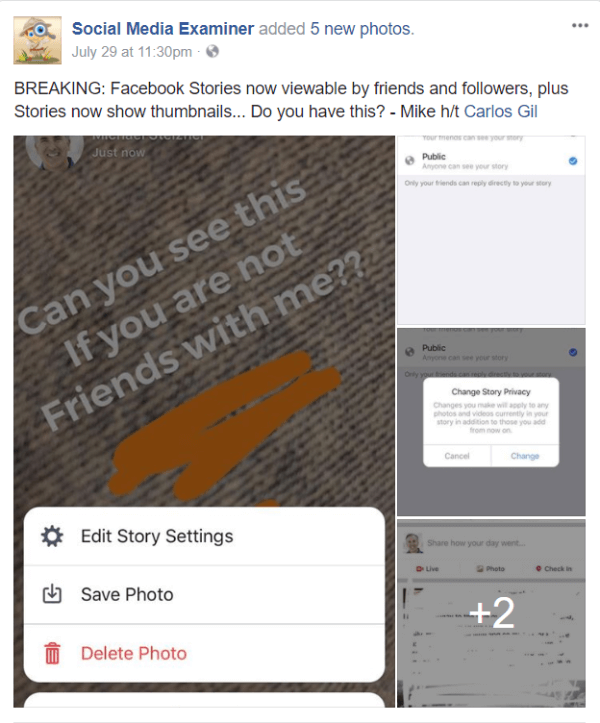 Facebook izplata Stories publisku koplietošanu un sīktēlu attēlus.