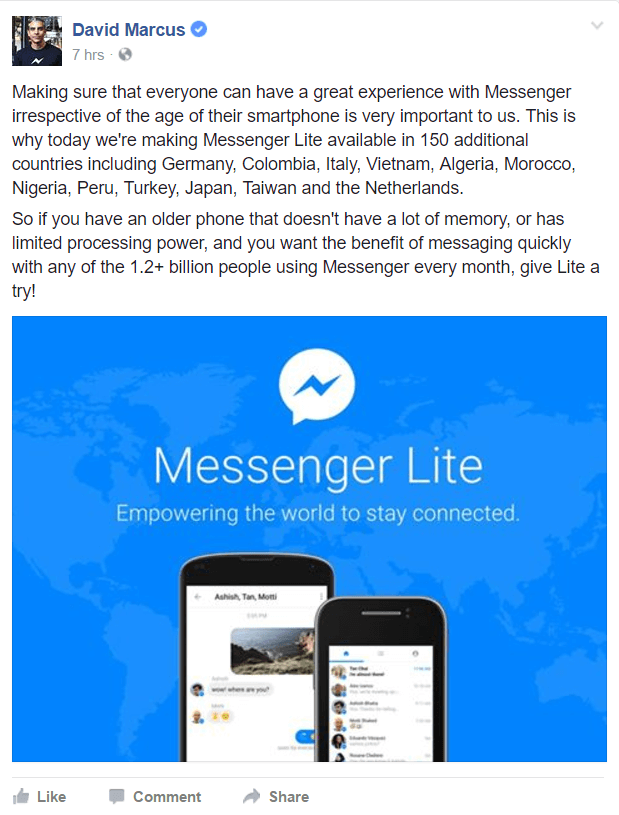 Facebook Messenger Lite tagad ir pieejams vairākās pasaules valstīs.
