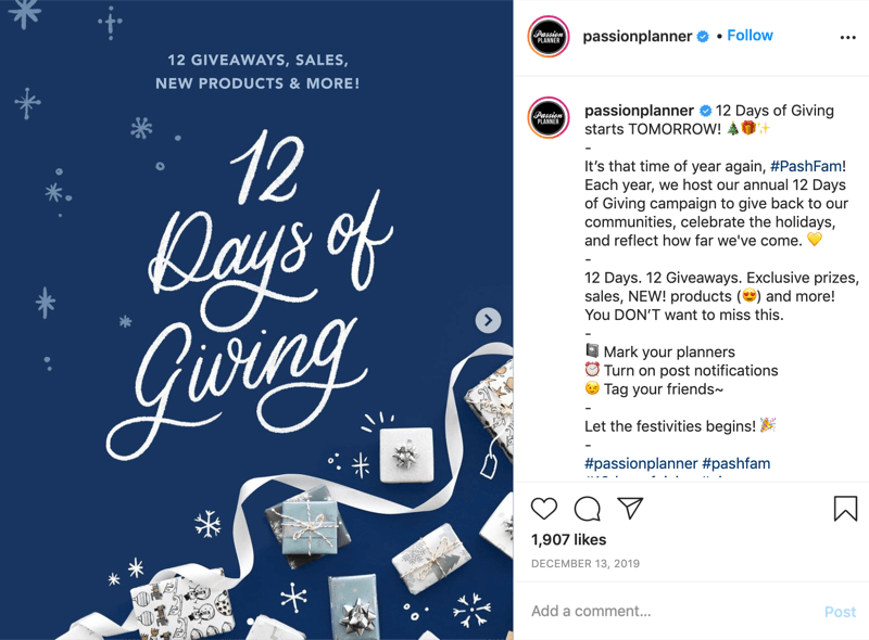 instagram giveaway konkursa piemērs 12 dienu laikā no @passionplanner dāvināšanas, paziņojot, ka giveaway sākas nākamajā dienā
