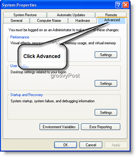 Sistēmas rekvizīti Papildu iestatījumi Windows XP