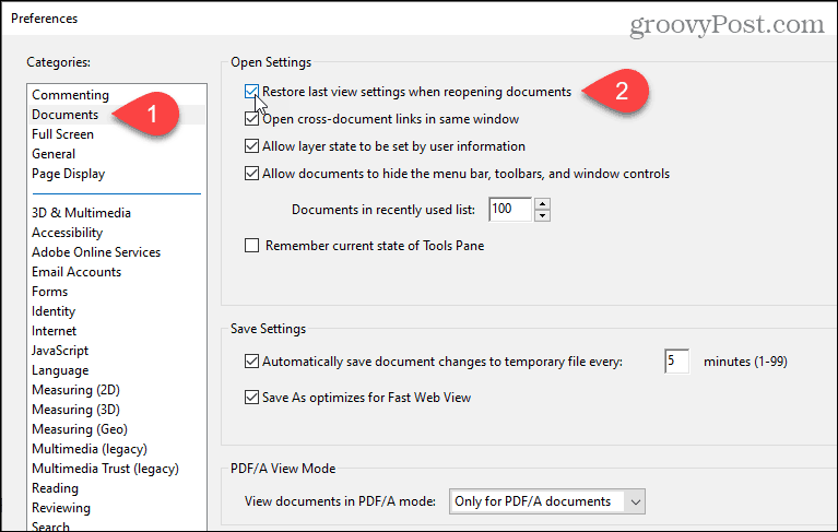 Atjaunojiet pēdējā skata iestatījumus, atkārtoti atverot dokumentus Adobe Acrobat Reader