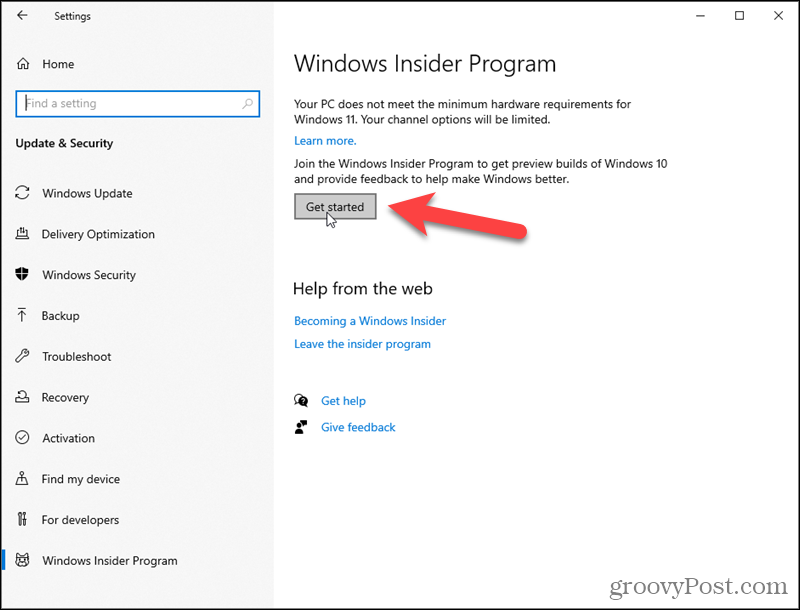 Noklikšķiniet uz Sākt, lai atvērtu programmu Windows Insider