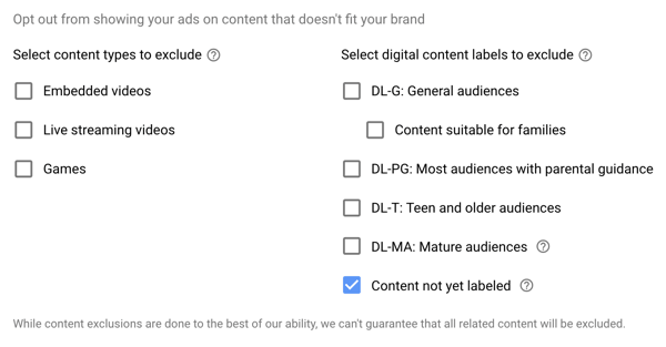 Kā izveidot YouTube reklāmu kampaņu, veiciet 15. darbību, iestatiet izslēgtos veidus un iezīmju opcijas