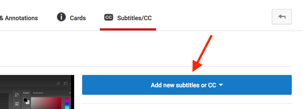 Programmā Video Creator atveriet savu YouTube videoklipu un noklikšķiniet uz Pievienot jaunus subtitrus vai CC.