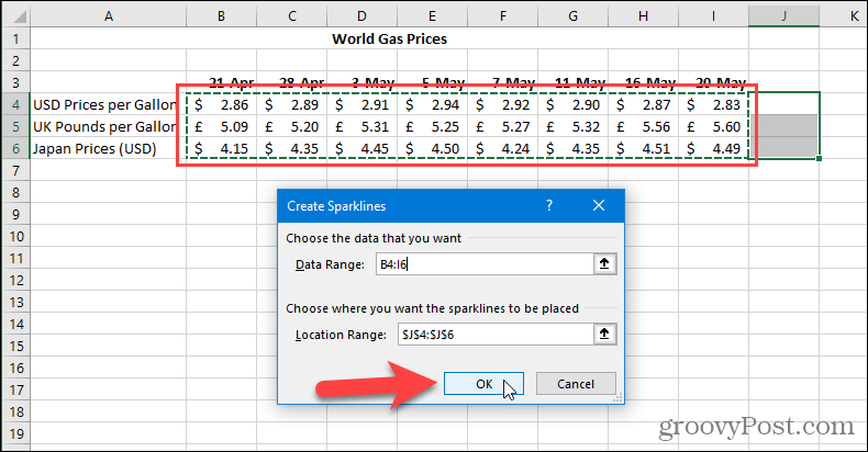 Izveidot programmu Sparklines programmā Excel