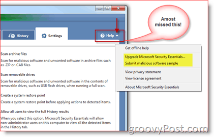 Microsoft Security Essentials palīdzības izvēlne
