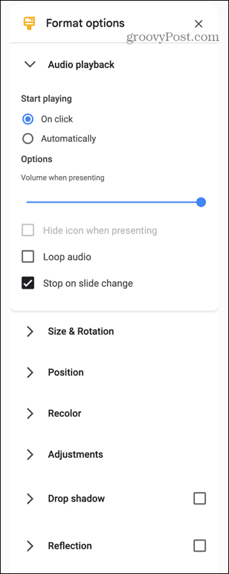 google slaidu audio opcijas