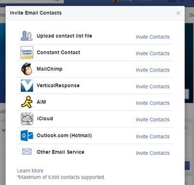 facebook lapas e-pasta kontaktu importēšanas funkcija