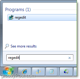 no izvēlnes Sākt piekļuvi regedit operētājsistēmā Windows 7