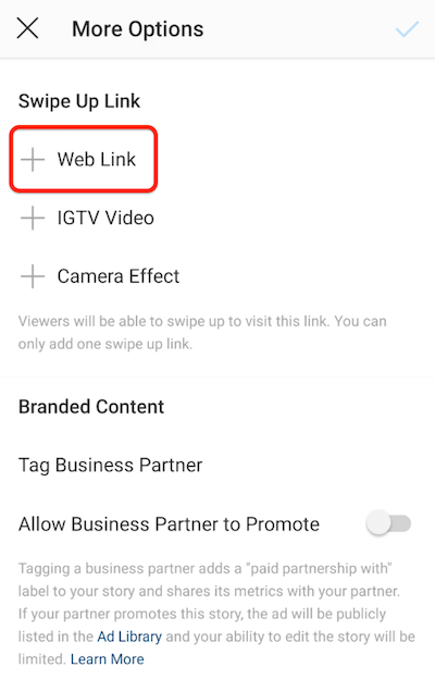 instagram izvēlnes opcijas, lai pievienotu vilkšanas saiti uz augšu ar iezīmētu tīmekļa saites opciju