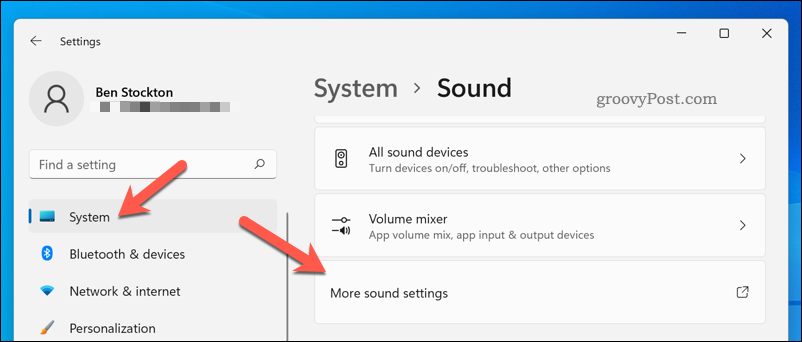 Atveriet izvēlni Vairāk skaņas iestatījumu operētājsistēmā Windows 11