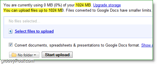 google docs jauns augšupielādes ierobežojums ir 1024 MB vai 1 GB