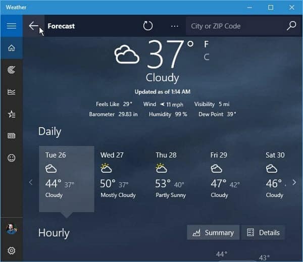 Windows 10 Weather App prognoze