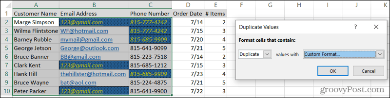 Pielāgoti formatēti dublikāti programmā Excel