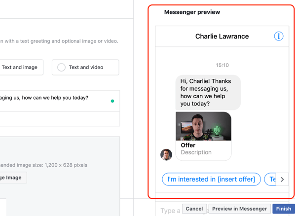 Kā atlasīt siltos potenciālos pirkumus ar Facebook Messenger reklāmām, 14. darbība - Messenger galamērķa pielāgotās veidnes priekšskatījums