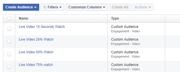 Programmā Facebook Ads Manager izmantojiet rīku Mērķauditorijas, lai noteiktu mērķauditorijas atlasi, pamatojoties uz Facebook Live videoklipu skatījumiem.